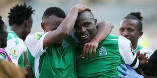 Gor Mahia's Dennis Oliech (left) celebrates his goal with team mate Jacques Tuyisenge