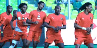 Cameroon's Rigobert Song leads the Indomitable Lions in training