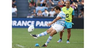 Argentina's Nicolás Sánchez kicks a conversion. 