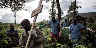 Health workers carry a coffin containing a victim of Ebola virus 