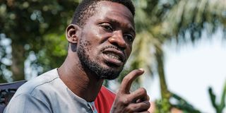 Robert Kyagulanyi, popularly known as Bobi Wine, addresses the media at his home in Wakiso, Uganda on January 8, 2021.