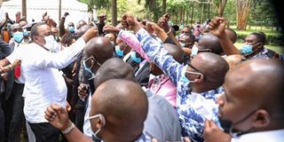 Uhuru with MCAs at Sagana