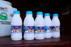 Moyale Camel Milk Dairy Society Cooperative member displays their packaged dairy products on February 16,2021. I Jacob Walter