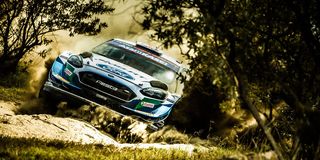 British driver Gus Greensmith drives his Ford Fiesta WRC