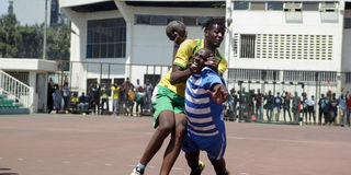 John Wante (left) of NCPB vies with Brian Juma of GSU