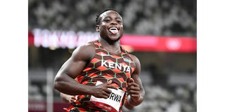 Kenya's Ferdinand Omanyala celebrates his third place in the men's 100m heats during the Tokyo 2020 Olympic Games