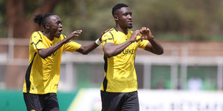 Tusker FC forward Ibrahim Joshua (right) celebrates with teammate Erick Zakayo 