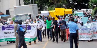 Striking health workers from Coast General Teaching and Referral Hospital