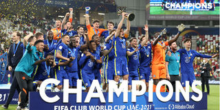 Chelsea's players celebrate with their trophy after winning the 2021 Fifa Club World Cup 