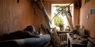 The body of a rocket stuck in a flat