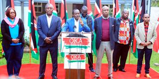 OKA leaders Hon Kalonzo Musyoka, Sen Gideon Moi and Hon Cyrus Jirongo azimio alliance