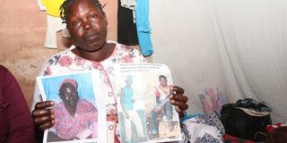 Rose Moraa with photos of her brother, Vincent Mutali,