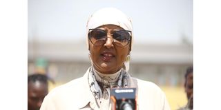 Sports Cabinet Secretary Amina Mohamed addresses journalists at Jamhuri Sports Complex