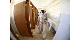 Sports Cabinet Secretary Amina Mohamed inpsects the ablution blocks at new-look Jamhuri Sports Complex