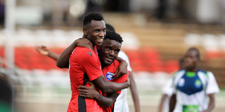 AFC Leopards striker Victor Omune celebrates with team mate Mark Makwatta 