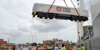 SGR passenger train being offloaded at the port of Mombasa