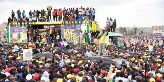 Deputy President William Ruto addresses a campaign rally at Jacaranda grounds in Nairobi.