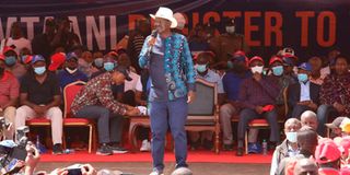 ODM party leader Raila Odinga and other political leaders during a recent Azimio la Umoja meeting in Murang'a