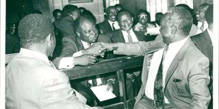 Ford Asili Chairman Kenneth Matiba with Democratic Party Chairman Mwai Kibaki