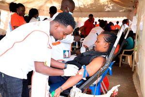 A woman donating blood.