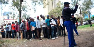 People queue to vote at the NSSF polling in Starehe constituency.