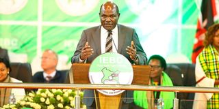 IEBC Chairman Wafula Chebukati during a Press briefing at the Bomas of Kenya