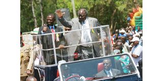 President Mwai Kibaki together with agriculture minister William Ruto waves at the crowd 