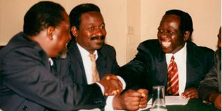 Kijana Wamalwa (right), Raila Odinga (left) and former Kwanza MP George Kapten