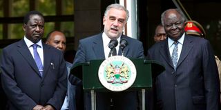 Ocampo with Raila and Kibaki
