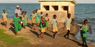 El Molo Bay Primary School deputy David Lesas and pupils