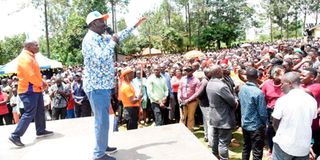 Azimio presidential candidate Raila Odinga addressing campaign in Kakamega county.