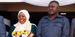  Ali Kanga (right) poses in a photo with his wife, Kwale Governor Fatuma Achani.