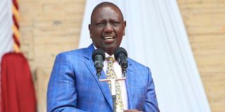 Deputy President William Ruto address believers at Nyayo National stadium during a prayer service.