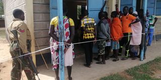 Voters queuing to vote at Shongen Primary School polling station in Kacheliba constituency on Monday August 29, 2022