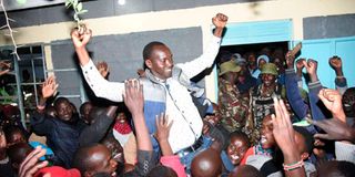 Supporters of Titus Lotee, the MP- elect Kacheliba Constituency on a Kenya Union Party (KUP) ticket celebrating with him