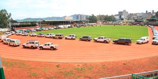 County vehicles parked on the running track at Gusii Stadium on September 1, 2022.