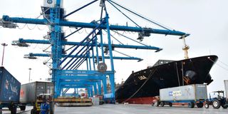 Liberian Flagged Cargo ship -Lisa, loads containers for export at Mombasa Port.
