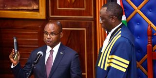 Senate Speaker Amason Kingi takes the oath of office.