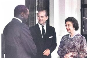 Queen Elizabeth II and Prince Phillip bid farewell to President Daniel Moi as he left Buckingham Palace in July 1979.