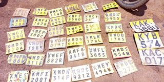 Number plates from stolen motorcycles displayed at Endebess police station in Endebess constituency, Trans Nzoia County