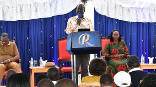 Azimio la Umoja One Kenya presidential party leader Raila Odinga speaks to his supporters at the KICC.