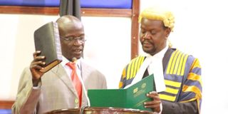 Two term Turkana North MP Christopher Nakuleu being sworn in as the third Speaker of the Turkana County Assembly