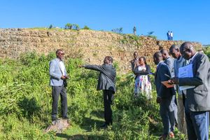 Baringo Governor Benjamin Cheboi (gesturing) with other county government officials touring the stalled Kabarnet stadium 