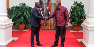 President William Ruto (left) and former President Uhuru Kenyatta at  State House, Nairobi