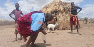 Mr James Ngitira, a resident of Nakwakaal village in Turkana East Sub County collecting spent cartridges outside his home