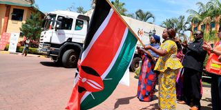 Ms Dorcas Rigathi flags off relief food at the Kenya Red Cross headquarters