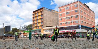 Workers at a road construction site in Nyahururu town