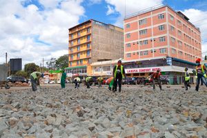 Workers at a road construction site in Nyahururu town