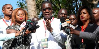 Ugunja MP Opiyo Wandayi, flanked by some MPs allied to Azimio la Umoja One Kenya Coalition Party.