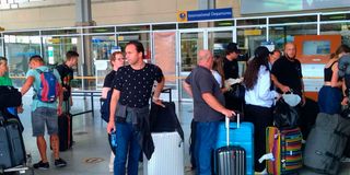 Stranded passengers at the Moi International Airport in Mombasa